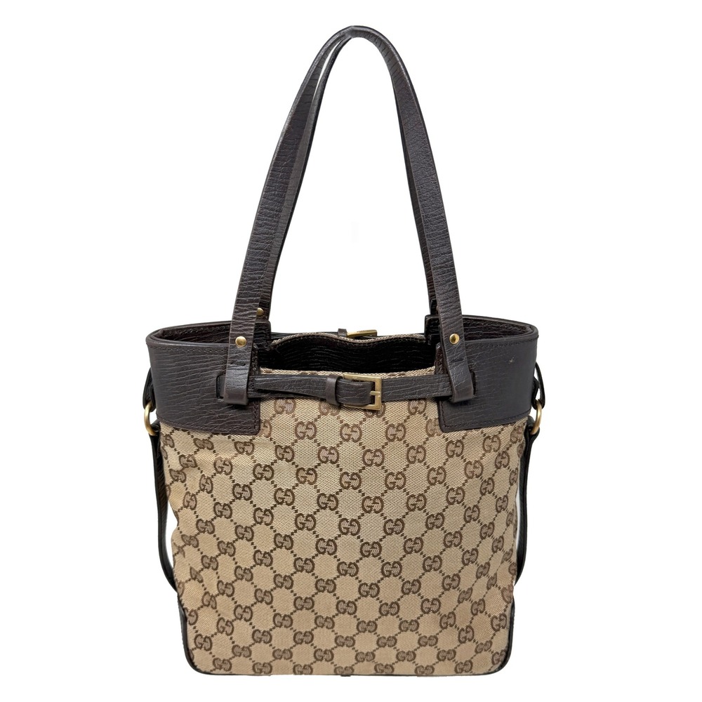 Vintage Gucci GG Canvas‎ Tote Bag Brown Leather Trim Monogram Shoulder Bag